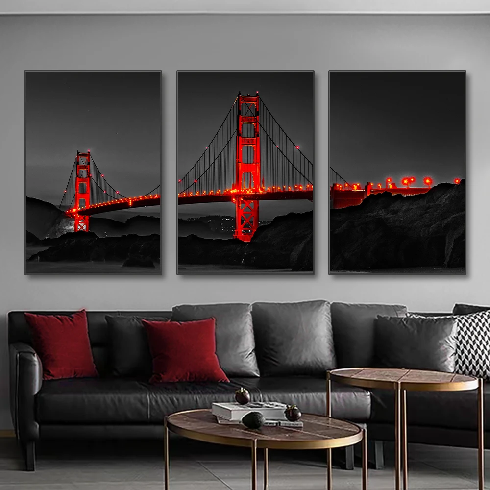 Photography Types - 3 個フレームレスポスターゴールデンゲートブリッジ夜景キャンバス絵画壁アートプリント写真リビングルームの家の装飾