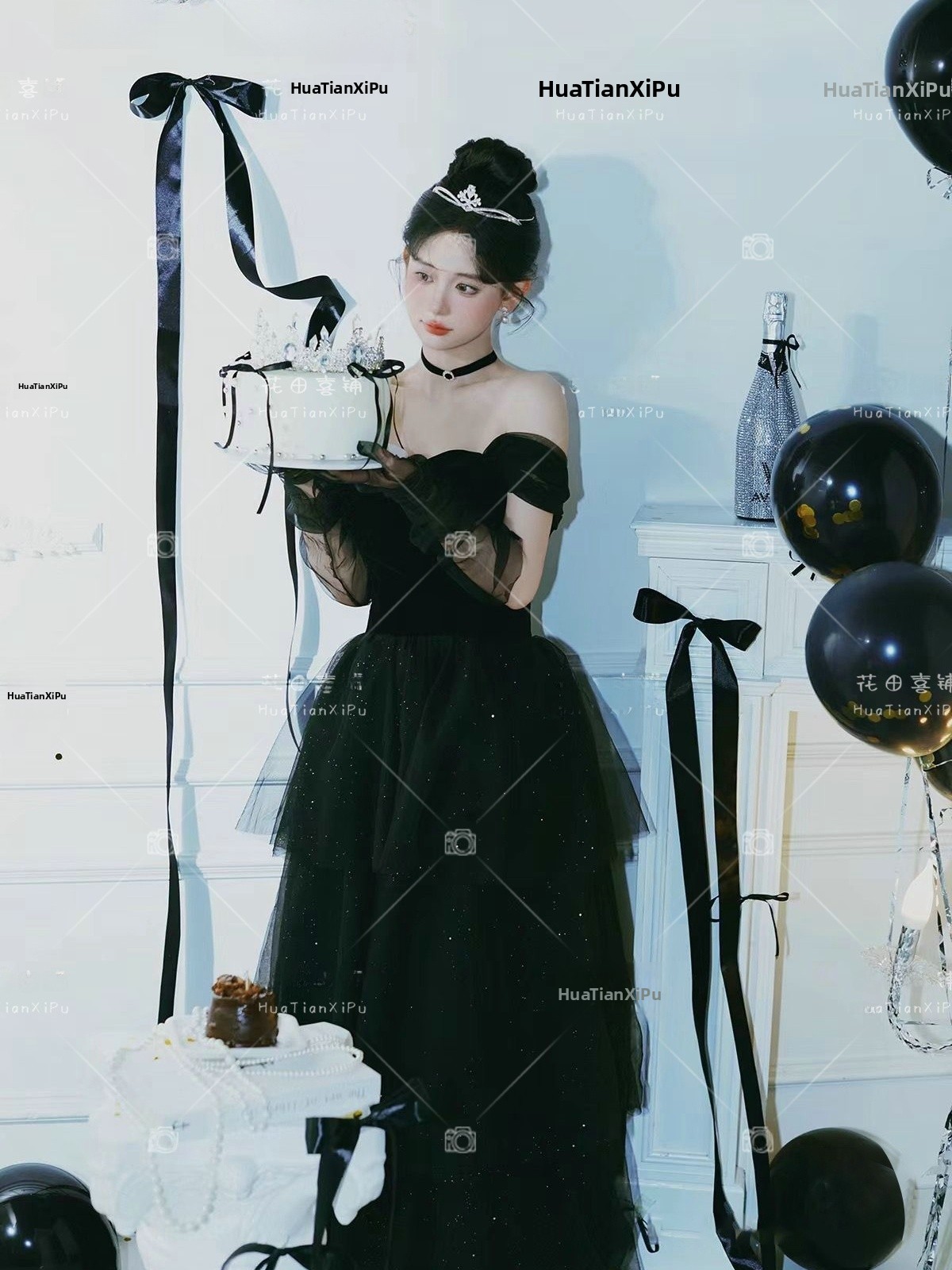 Photography Vintage Style - ブラックプリンセスコスチューム ヴィンテージヘップバーンスタイル 写真スタジオテーマ 誕生日ムード演出 レディースステージ エスニックウェア