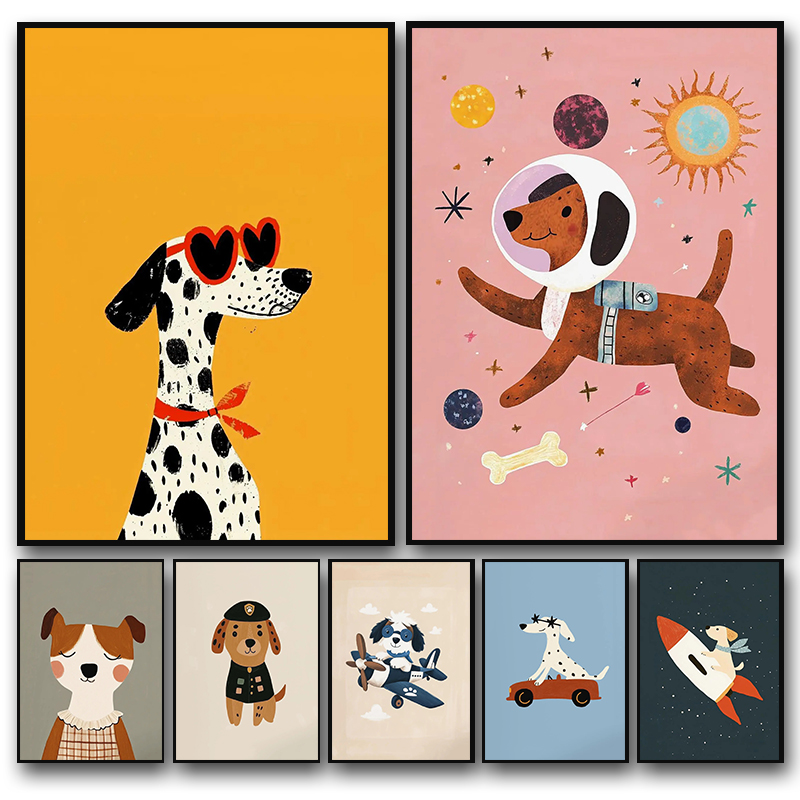 Photography Types - カラフルな漫画の犬のイラストポスターキャンバス絵画かわいい動物北欧壁アート写真幼稚園家の装飾フレームなし