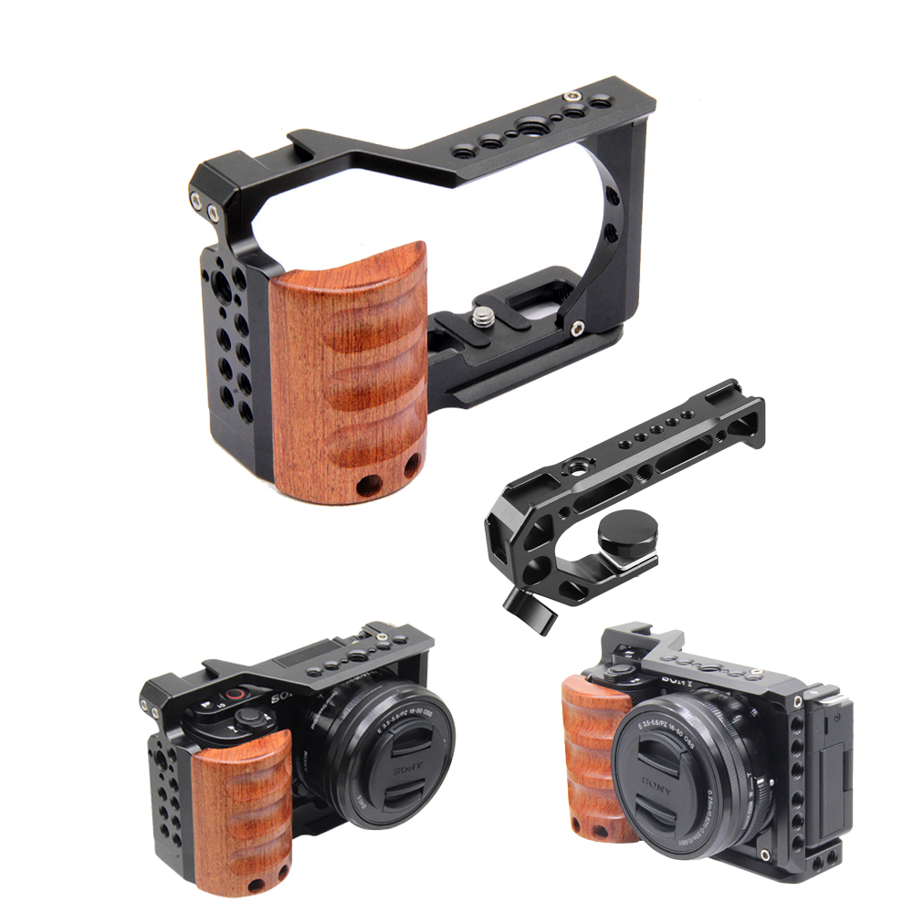 Camera Cage Rig - ソニーZV-E10用ケージカメラ、木製ハンドル付きコールドシュー、ラビットケージサポートブラケット、スタビライザー、ビデオLEDマイク、三脚