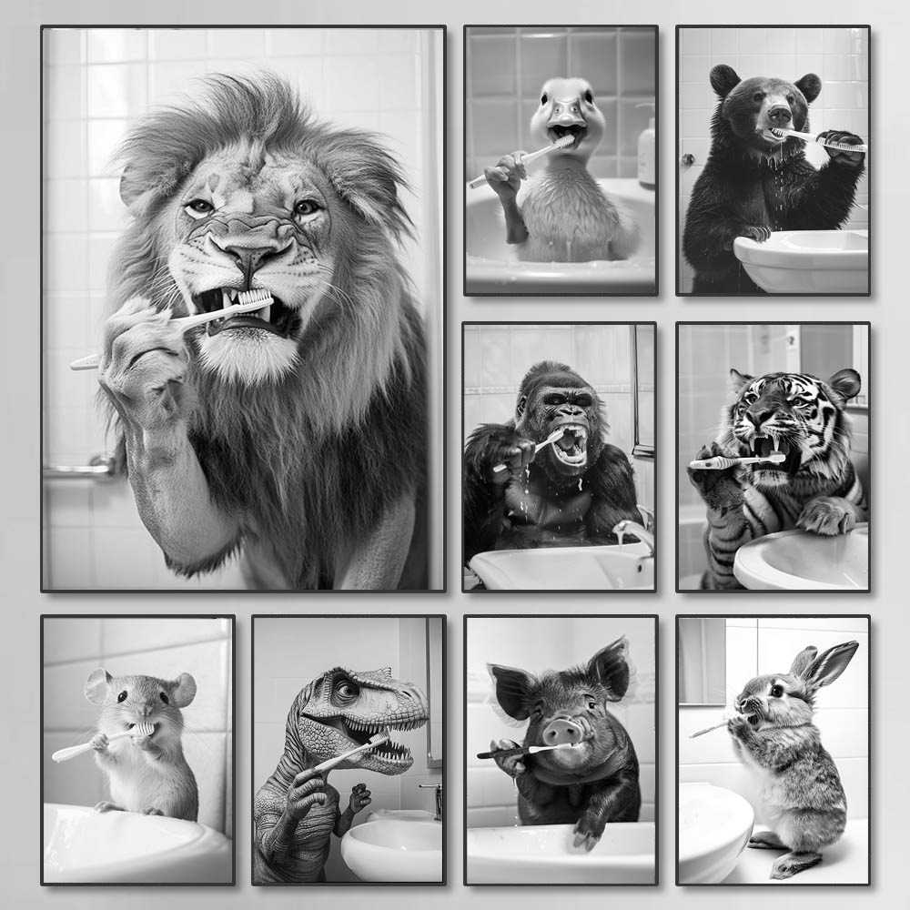 Photography Types - 黒、白、面白いバスルーム歯磨きポスター、ヴィンテージスタイルの動物キャンバス絵画プリント、家の装飾用ウォールアート絵画